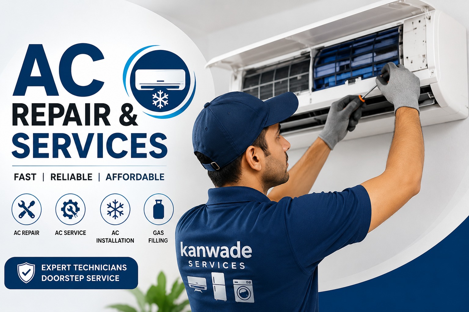 Kanwade Services appliance repair technician servicing an AC